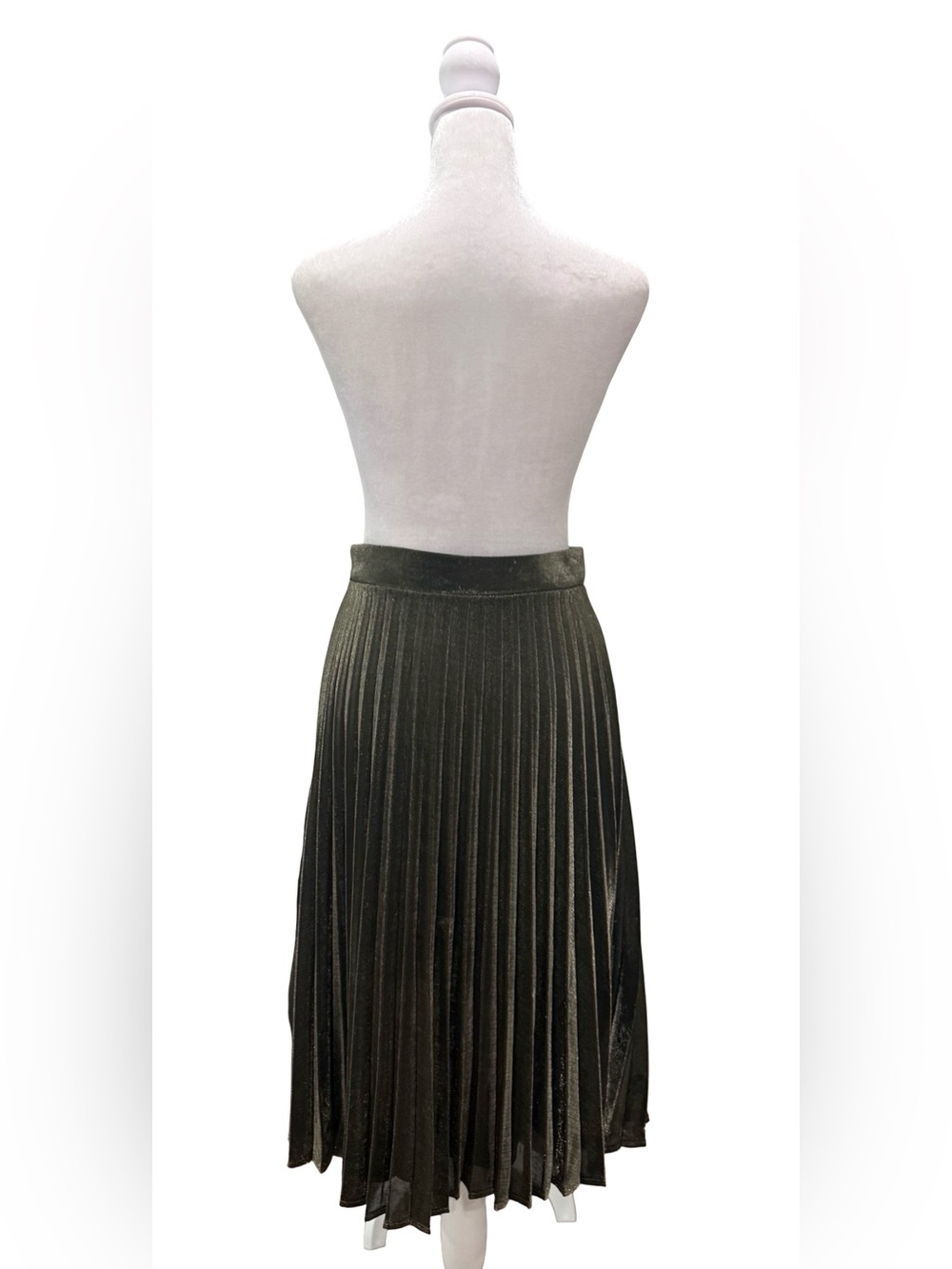 NWT Lulus Star Shine Olive Gold Metallic Pleated Midi Skirt Size Medium - Picture 7 of 12